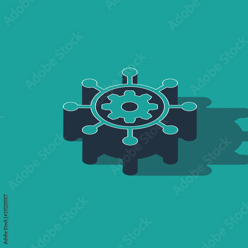 Isometric Project management icon isolated on green background. Hub and spokes and gear solid icon. Vector Illustration
