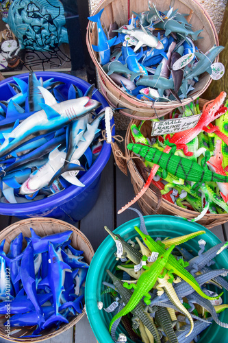 A collection of plastic fish and sea creature toys await purchase in Amelia's Island, Florida, USA. 