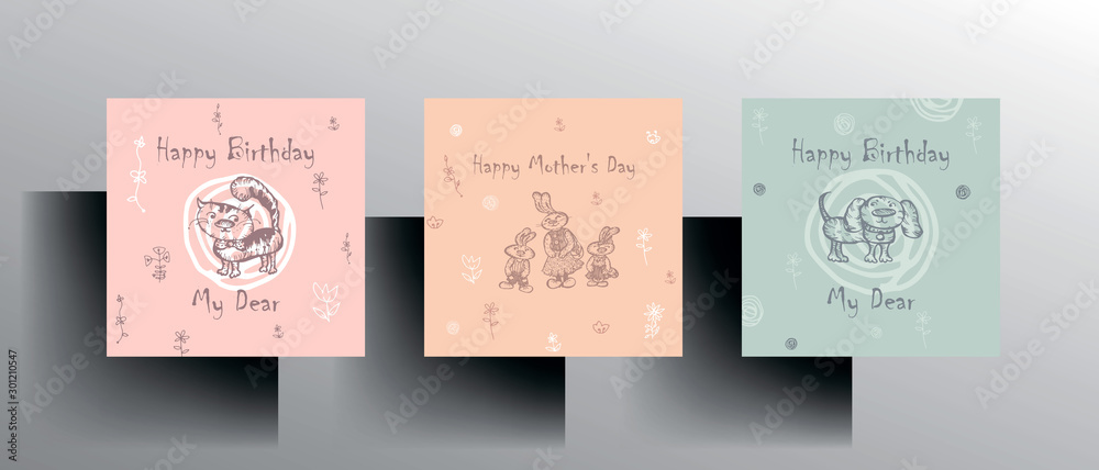 A set of cards for birthday, children's birthday, mother's day. Design with cute hand drawn doodle character in pastel colors. Vector 10 EPS.