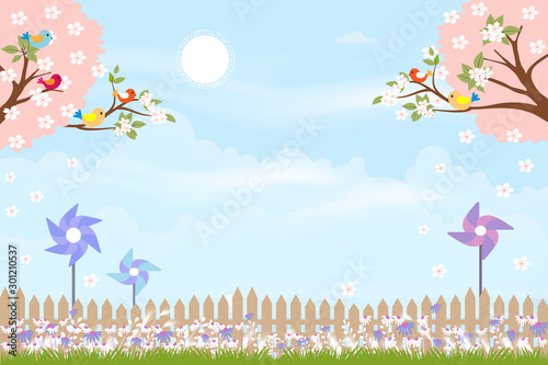 Cute cartoon card for spring season with mini windmill behind wooden fence, illustration Summer creative background with copy space,Template for your text. Nature landscape with blue sky