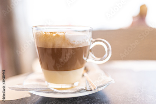 Cafe cortado leche y leche, a specialty coffee common in Spain with sweetened condensed milk