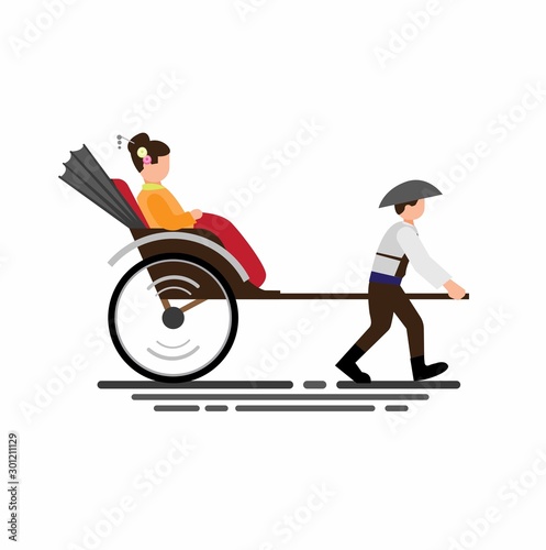 japan women wear kimono riding traditional rickshaw, two wheeled cart to transport people flat illustration vector
