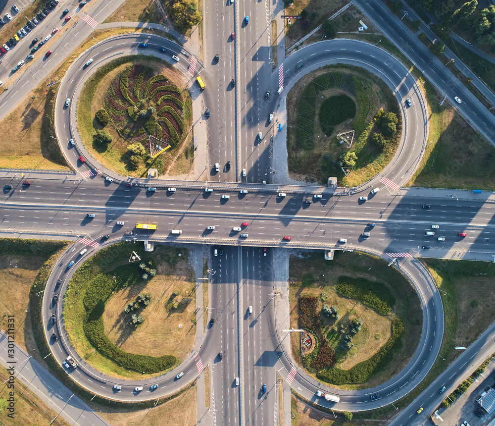 Aerial landscape of busy highway junction road, Transport concept