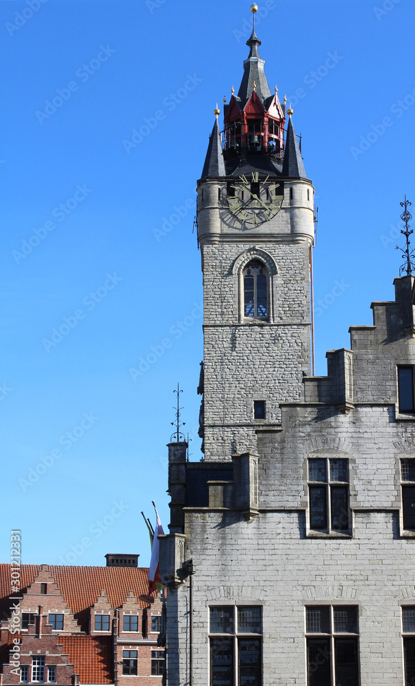 View of the Dendermonde Medieval Belfry, situated on the Market Square (Grote Markt) of Dendermonde, East Flanders, Belgium.