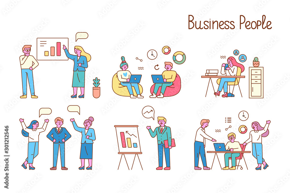 Business people, teamwork line art vector set. Office workplace. People working together in the office. Flat vector illustration. Business people, teamwork line art vector set. Office workplace. People working together in the office. Flat vector illustration.