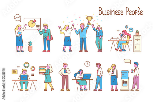 Business people, teamwork line art vector set. Office workplace. People working together in the office. Flat vector illustration.