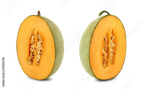 Two halves of a tasty cantaloupe melon in a cross-section, isolated on white background with copy space for text or images. Side view. Close-up shot.