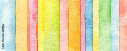 Abstract rainbow acrylic and watercolor strip line paint background. Texture paper. Horizontal long banner.