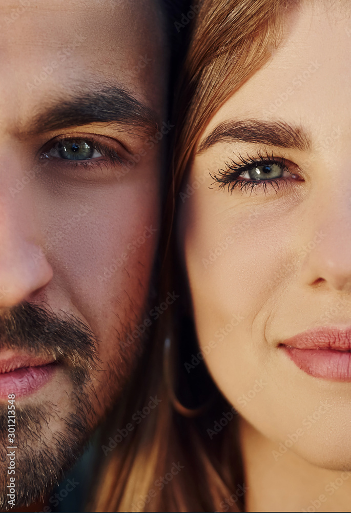 Particle view. Portrait of beautiful caucasian couple. Happy people. Cheerful emotions