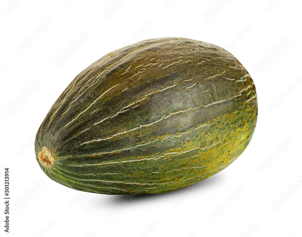 Delicious green tendral melon isolated on white background with copy space for text or images. Side view. Close-up shot. Delicious green tendral melon isolated on white background with copy space for text or images. Side view. Close-up shot.