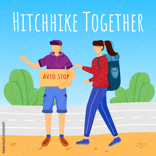 Hitchhike together social media post mockup. Stopping car for travelling. Budget tourism. Advertising banner design template. Social media booster. Promotion poster, print ads with flat illustrations
