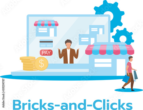 Bricks-and-clicks flat vector illustration. Combination of online and offline trade. Traditional and electronic selling. Marketing strategy. Business model. Isolated cartoon character on white