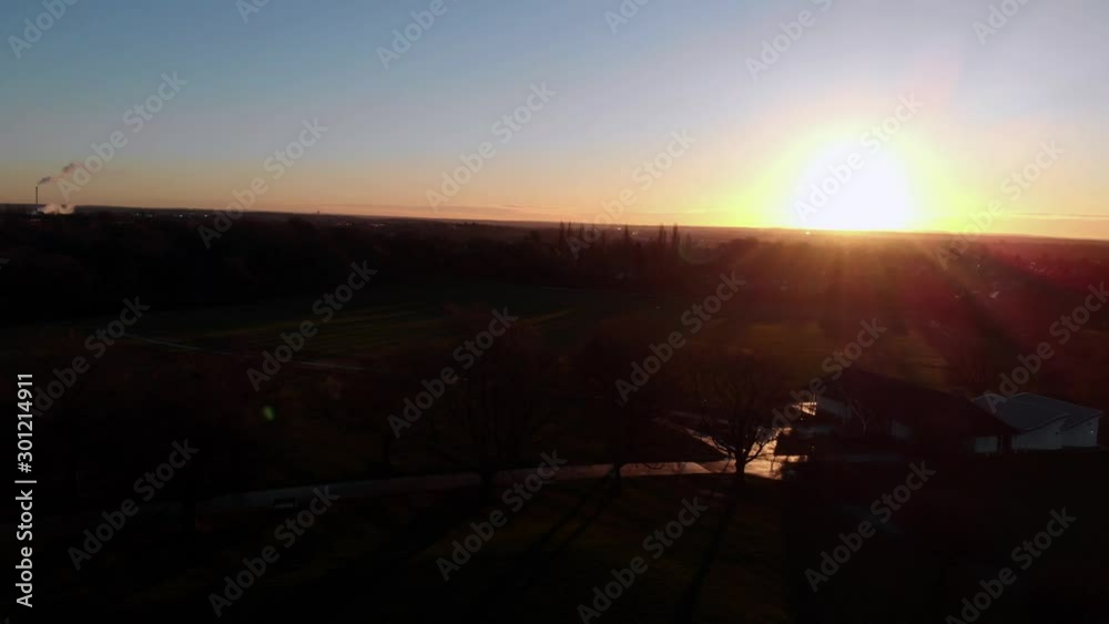 Coventry War Memorial Park City Of Culture Drone Aerial View Flying Into Sunrise Winter. Coventry War Memorial Park City Of Culture Drone Aerial View Flying Into Sunrise Winter.