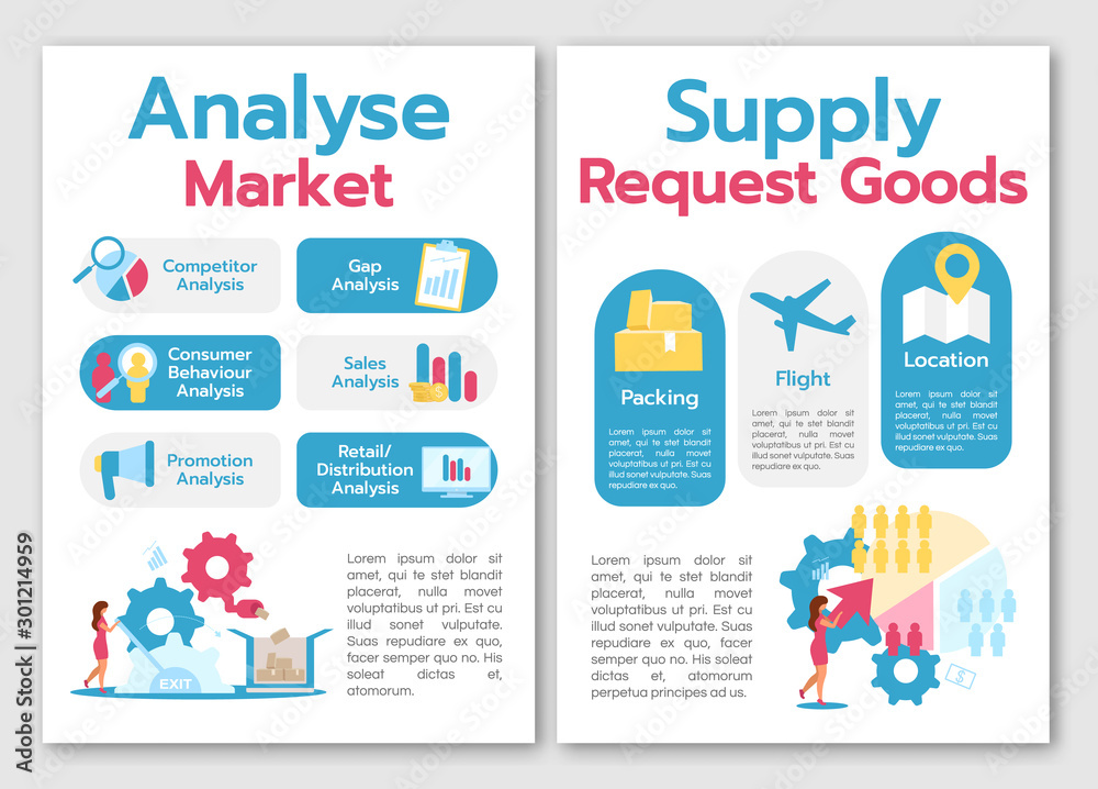 Analyse market brochure template. Supply request goods. Flyer, booklet, leaflet concept with flat illustrations. Vector page cartoon layout for magazine. advertising invitation with text space