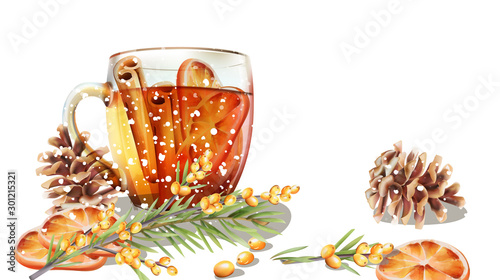 Winter cup of tea with cinnamon and orange slices. Conifer cone and fir tree leaves. Cold season beverages vector