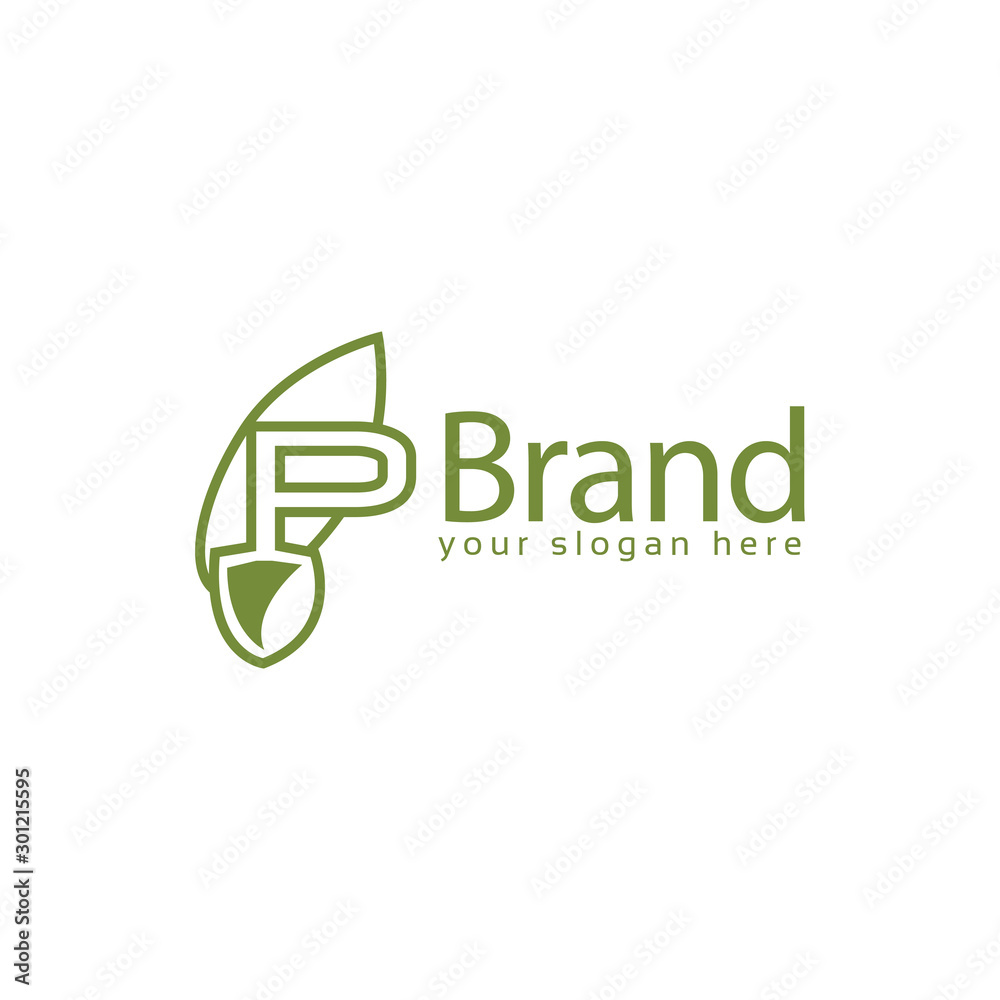 Letter P green with shovel logo template., flat design. letter P. Vector Illustration on white background Letter P green with shovel logo template., flat design. letter P. Vector Illustration on white background
