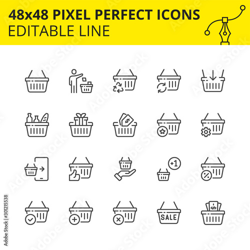 Scaled Icons for Shopping Basket in Commerce which includes Market, Mobile Shop, Payment, Sale etc. Pixel Perfect Editable Set 48x48. Vector.