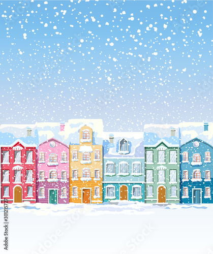Winter colorful city buildings covered in snow blizzard. Vibrant colors. Fron...