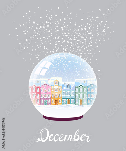 Winter snow ball with colorful city buildings covered in blizzard. Front view December vector