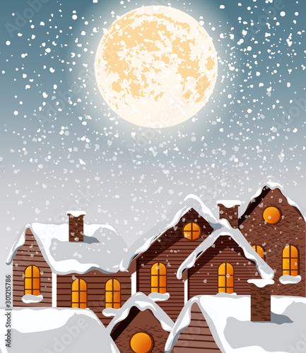 Village city covered in blizzard snow falling from top. Bright moon in the sk...