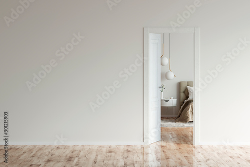 Empty room with an open door to a beige modern bedroom. 3d illustration photo
