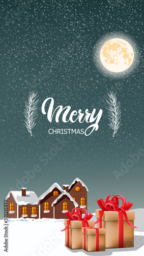 Merry christmas gift boxes with red ribbon and village houses covered in snow...