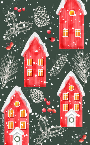 Winter red houses covered in snow with sketch winter ornaments. Conifer cone,...