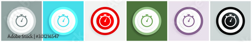 Stopwatch icon set, colorful flat design vector illustrations in 6 options for web design and mobile applications