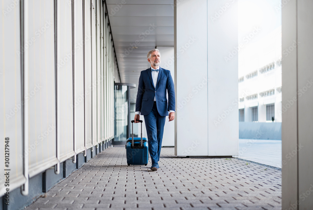 mature, businessman in a passageway with rolling suitcase on the go mature, businessman in a passageway with rolling suitcase on the go