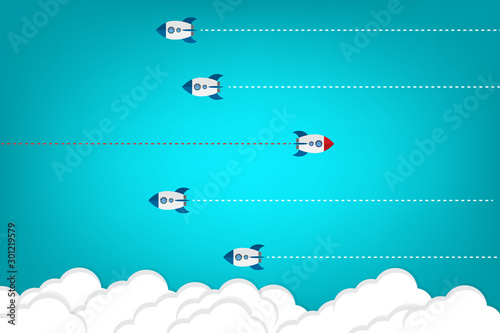 Different Approach - Different Direction. Group of rockets flying in one direction and with one individual flying in the different way, can be used leadership/individuality concepts.