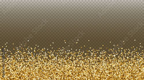 Gold glitter effect for invite, luxury rich card design. Vector yellow confetti border. Golden tinsel texture isolated on transparent background.