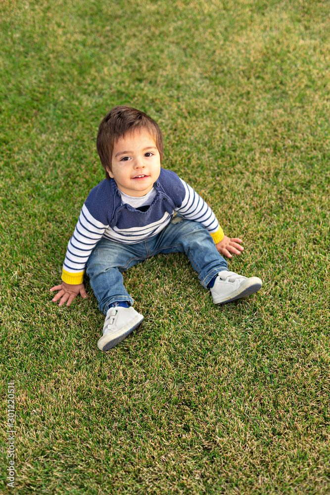 Portrait of little boy sitting on lawn