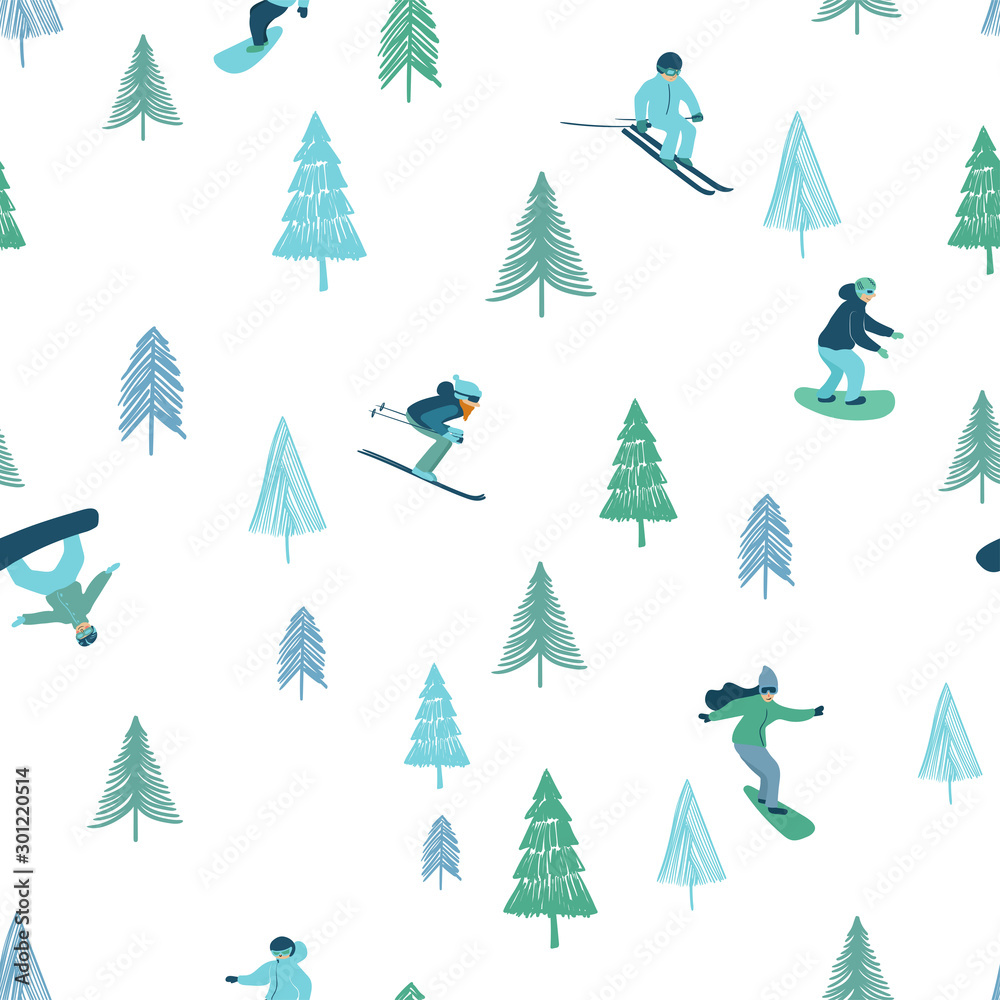 Seamless pattern with skiing and snowboarding people.