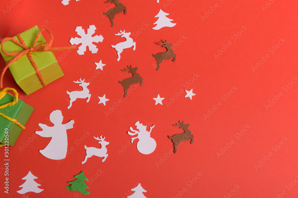 Christmas or New Year background, plain composition made of Xmas decorations and fir branches, flat lay, blank space for a greeting text