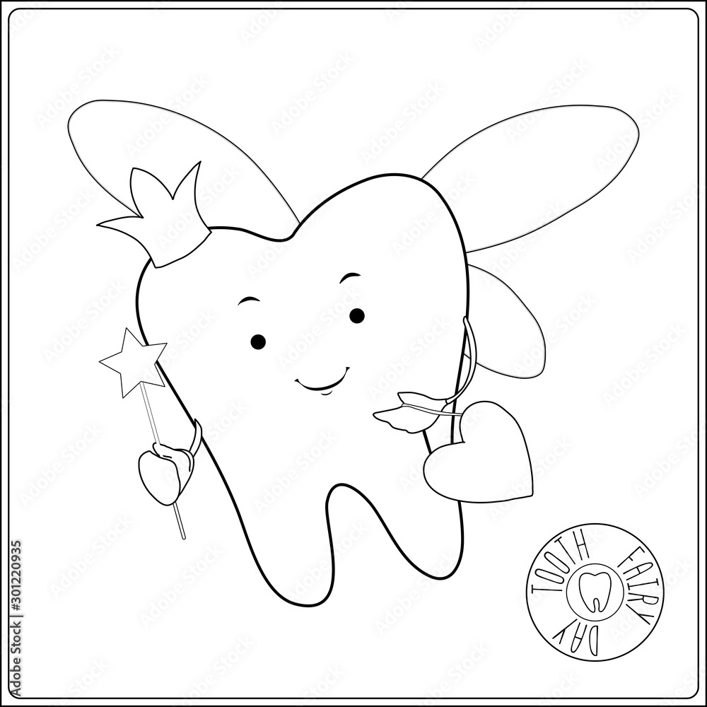 Tooth Queen Drawing Tooth fairy. Vector cartoon illustration. Stylized tooth. Outline hand ...