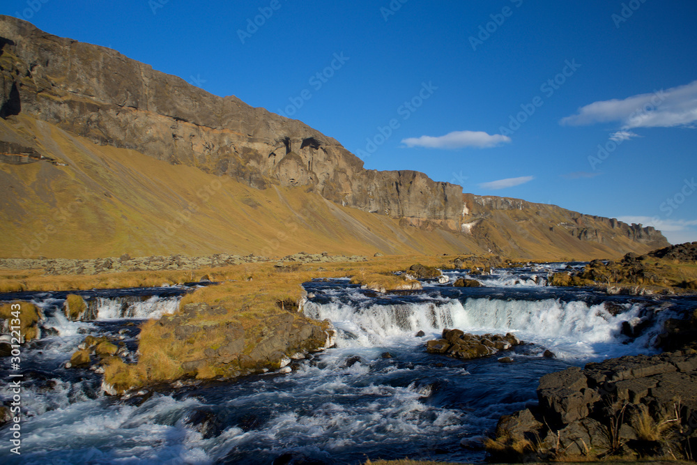 Iceland waterfall in winter panorama evening