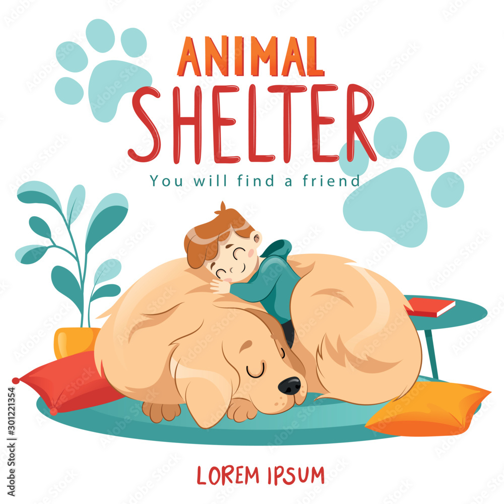 Animal Shelter Design Poster With Child Dog And Decorations