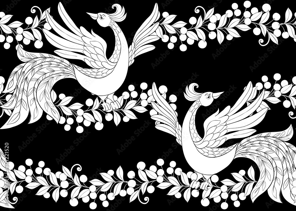 Fototapeta premium Fantasy floral seamless pattern with bird in jacobean embroidery style, vintage, old, retro style. Black-and-white graphics. Vector illustration.