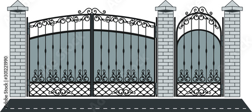 Cast Iron Gate on isolated background. Swirl fence wrought. Decor template. 