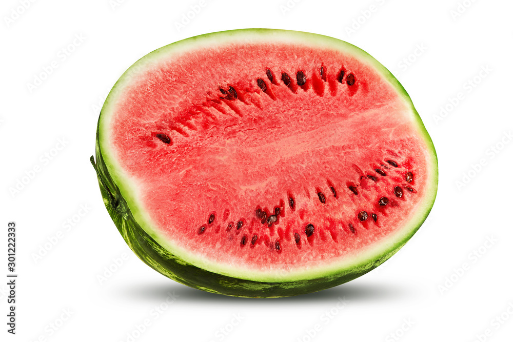 Half of green, striped watermelon isolated on white with copy space for text, images. Cross-section. Berry with pink flesh, black seeds. Close-up. Half of green, striped watermelon isolated on white with copy space for text, images. Cross-section. Berry with pink flesh, black seeds. Close-up.