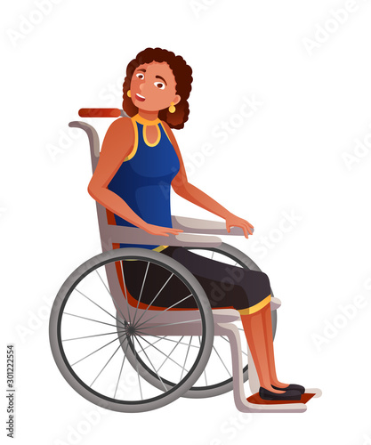 Young woman in wheelchair flat vector illustration. Sad disabled, handicapped girl cartoon character. Lonely depressed invalid with legs disability on outdoor stroll. Trauma rehabilitation