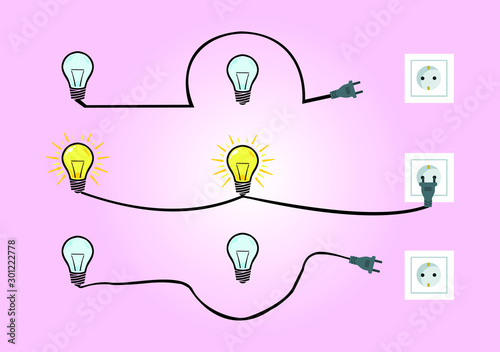 with help we can reach the destination together.you don't have to bypass someone to reach your goals.illustration with light bulbs on and off, wall socket and wire plug on a beautiful purple wallpaper