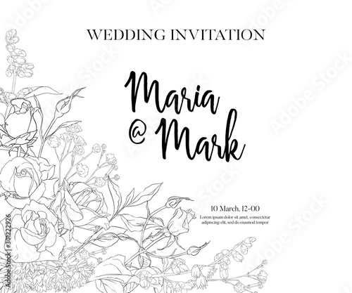 Wedding invitation with white roses and spring flowers. Outline hand drawing vector illustration.