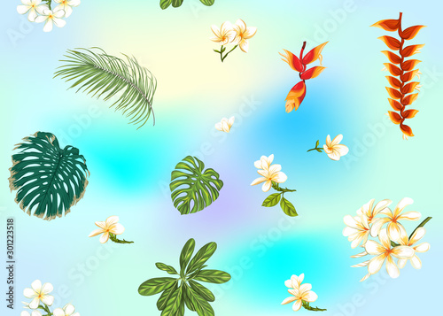 Seamless pattern, background with tropical plants, flowers. Colored vector illustration. In light ultra violet pastel colors on mesh pink, blue background