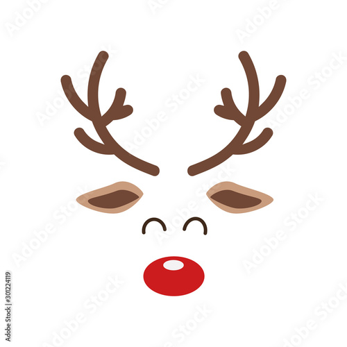 Reindeer red nosed cute close up face isolated white background. Christmas card