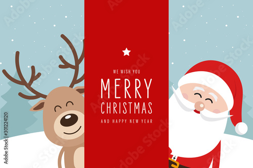 Santa and reindeer cute cartoon with greeting behind red banner sign winter landscape background. Christmas card