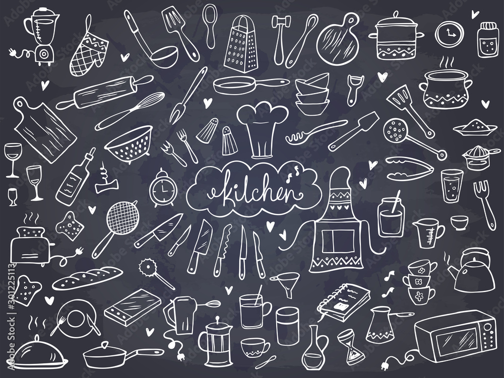 Set of doodle kitchen tools on chalkboard. Vector illustration. Perfect for wallpaper, pattern fills, textile, web page background, surface textures.