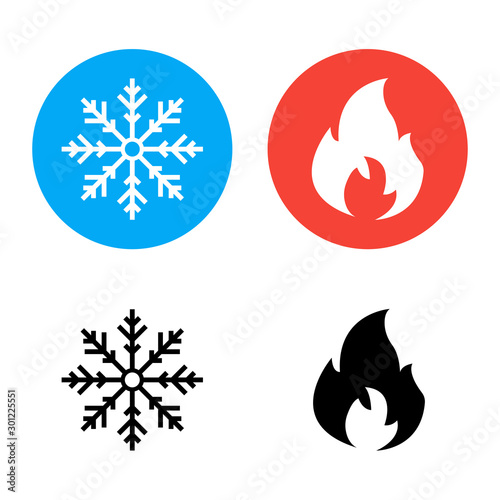 Hot and cold vector icons on a white background. Snowflake icon. Fire icon