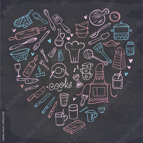 Heart of kitchen tools on chalkboard. Doodle. Vector illustration. Perfect for dessert menu or food package design.