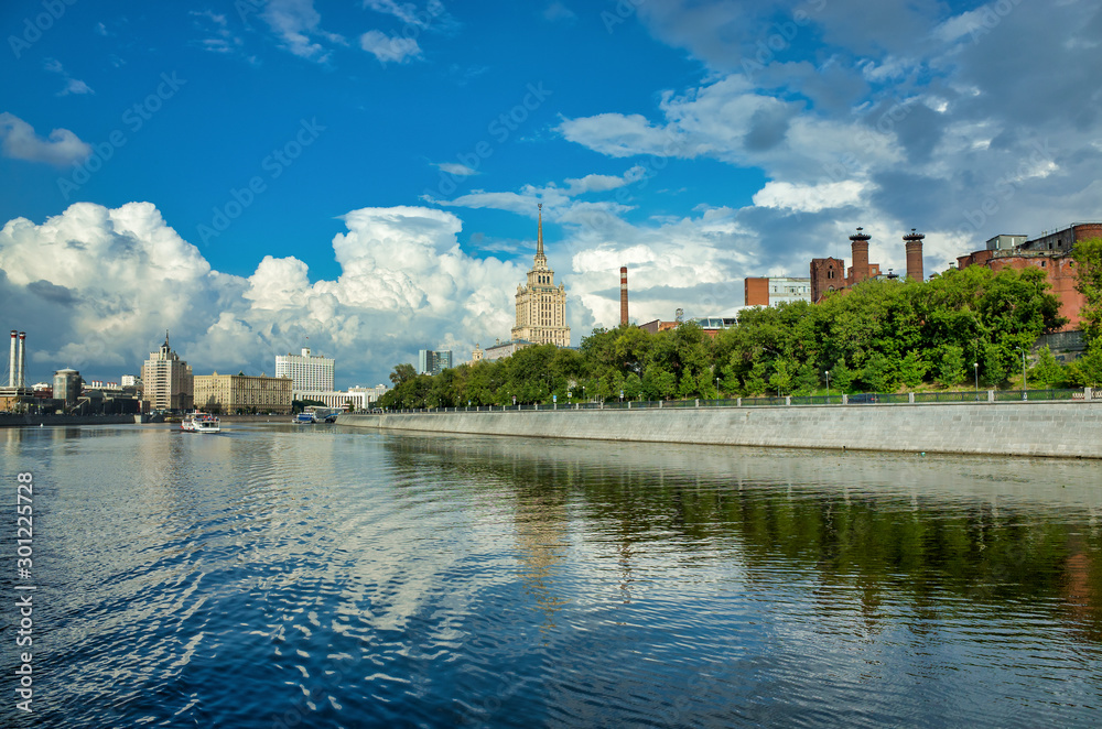 Moscow, Russia - July 11, 2018: River walk along the Moscow river. View of the embankments of Taras Shevchenko and Krasnopresnenskaya. White House Buildings and Radisson Royal Hotel